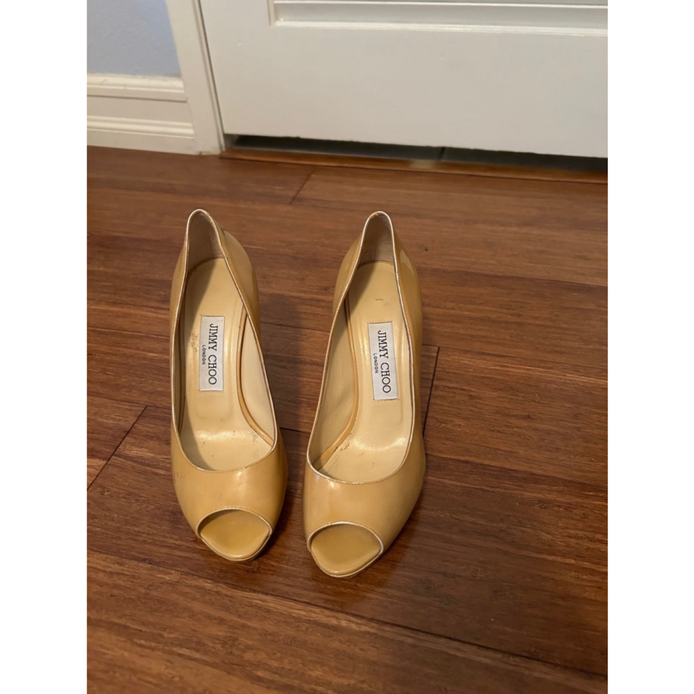 Jimmy Choo Beige Patent Peep-Toe Pumps